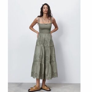 ZARA Open Work Embroidered Eyelet Sage/light olive Midi Dress – Size Small
